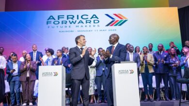 French President Emmanuel Macron and Kenyan President William Ruto during the Africa Forward Summit 2026 at Nairobi’s Taifa Hall, where Kenya and France signed 11 agreements tied to infrastructure, innovation and economic development.