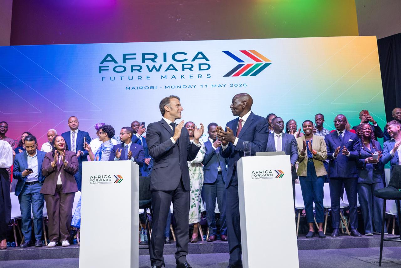 French President Emmanuel Macron and Kenyan President William Ruto during the Africa Forward Summit 2026 at Nairobi’s Taifa Hall, where Kenya and France signed 11 agreements tied to infrastructure, innovation and economic development.
