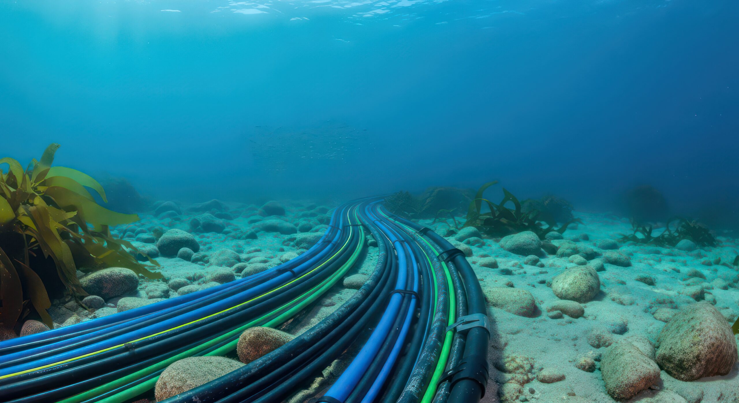 Subsea fibre-optic cables on the ocean floor representing the Blue-Raman digital connectivity network.
