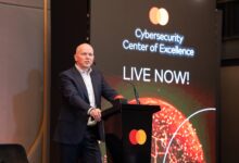 Mastercard CEO Michael Miebach announces the Africa Cybersecurity Center of Excellence during the initiative's launch event.