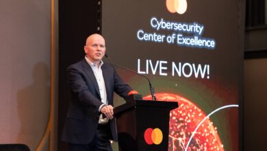 Mastercard CEO Michael Miebach announces the Africa Cybersecurity Center of Excellence during the initiative's launch event.