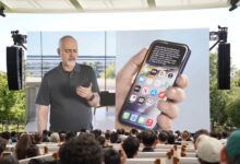 Mike Rockwell presents Apple's new Siri AI features on a large screen during WWDC 2026 as attendees watch from the audience.