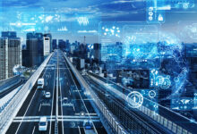 Digital overlay of smart traffic technology and data systems above an urban highway, illustrating intelligent transport infrastructure and connected mobility networks.