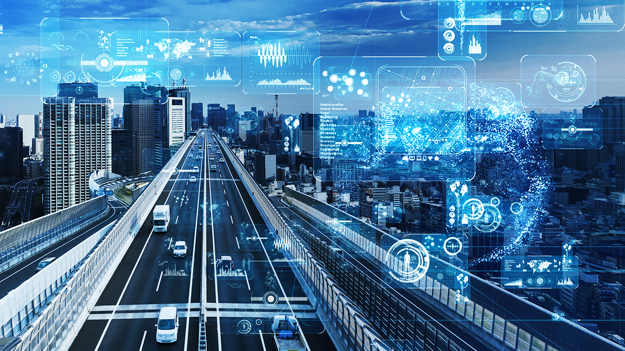 Digital overlay of smart traffic technology and data systems above an urban highway, illustrating intelligent transport infrastructure and connected mobility networks.
