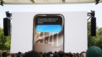 Large screen at WWDC 2026 displaying Siri AI on an iPhone during Apple's iOS 27 announcement.