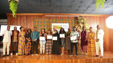 Some of the winners at the 10th BAKE Awards pose with their certificates on stage at Baraza Media Lab in Nairobi.