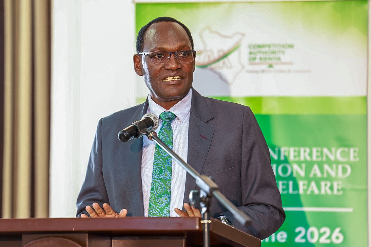 National Treasury Principal Secretary Chris Kiptoo speaking during the Competition Authority of Kenya's Research Conference on Competition and Consumer Welfare in Nairobi.