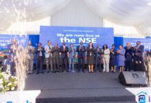 Family Bank executives, NSE officials, transaction advisors and board members celebrate the lender's admission to the Nairobi Securities Exchange during a listing ceremony in Nairobi.