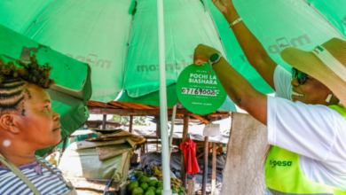 Safaricom representative helps a Kenyan woman entrepreneur set up Pochi la Biashara at a market stall.