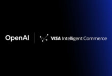 OpenAI and Visa Intelligent Commerce logos displayed on a dark background announcing an AI commerce and payments partnership.