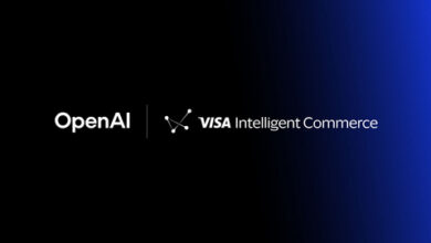 OpenAI and Visa Intelligent Commerce logos displayed on a dark background announcing an AI commerce and payments partnership.