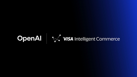 OpenAI and Visa Intelligent Commerce logos displayed on a dark background announcing an AI commerce and payments partnership.