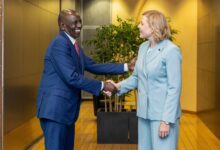 President William Ruto shakes hands with European Commission Executive Vice-President Henna Virkkunen during a meeting in Brussels focused on digital investment, connectivity infrastructure, trade cooperation and the EU-Kenya Digital Partnership.