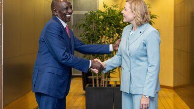 President William Ruto shakes hands with European Commission Executive Vice-President Henna Virkkunen during a meeting in Brussels focused on digital investment, connectivity infrastructure, trade cooperation and the EU-Kenya Digital Partnership.