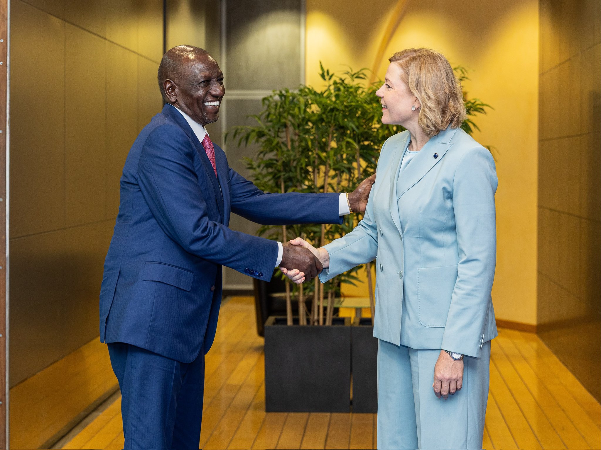 President William Ruto shakes hands with European Commission Executive Vice-President Henna Virkkunen during a meeting in Brussels focused on digital investment, connectivity infrastructure, trade cooperation and the EU-Kenya Digital Partnership.
