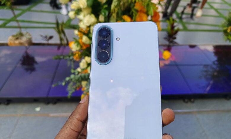 Samsung Galaxy A57 5G photographed during the Galaxy Hangout creator event in Nairobi, showcasing Samsung's AI-focused A-series smartphone lineup.