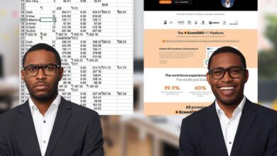 Side-by-side illustration showing manual HR processes in spreadsheets and the Xceed365HR V3 platform interface representing AI-driven HR automation and payroll management.