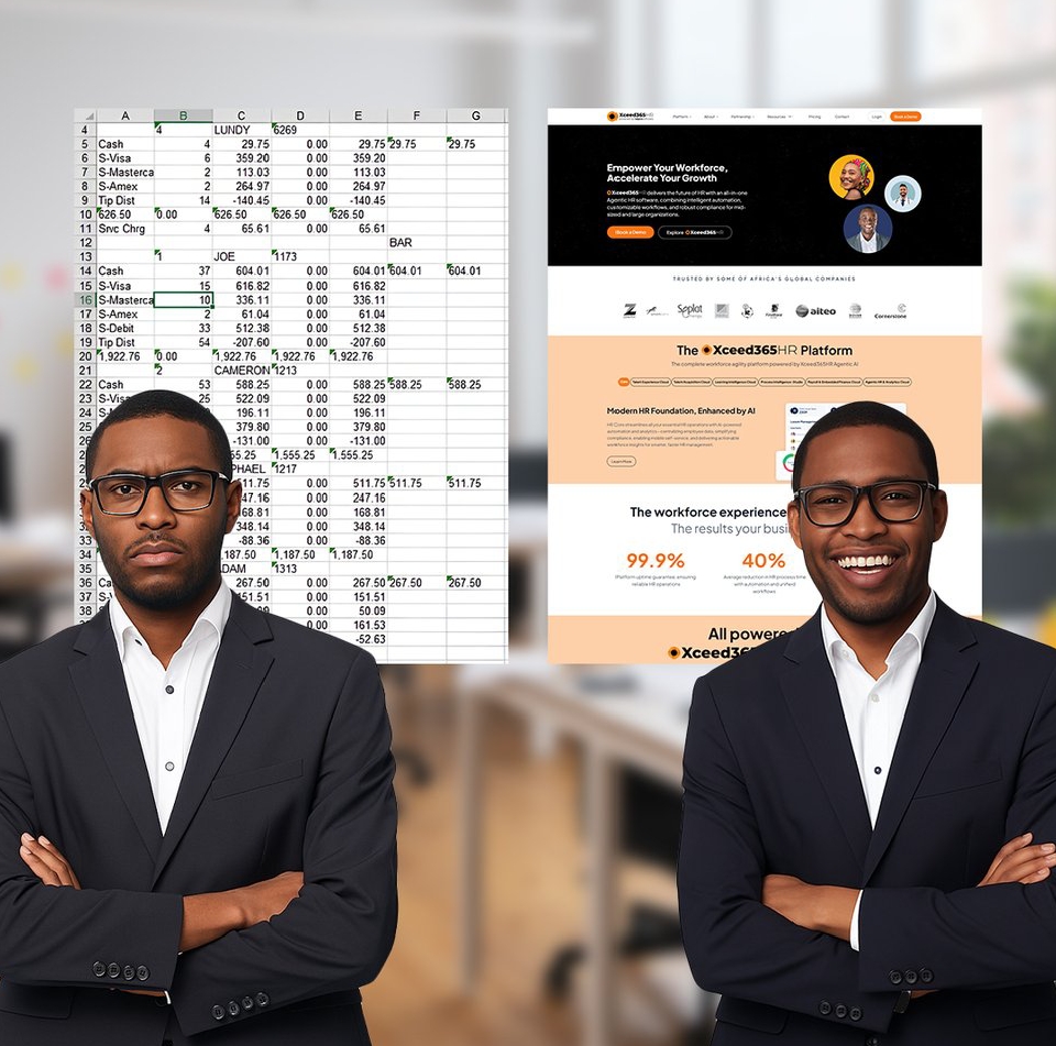 Side-by-side illustration showing manual HR processes in spreadsheets and the Xceed365HR V3 platform interface representing AI-driven HR automation and payroll management.
