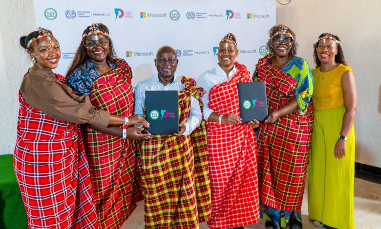 Representatives from ILO, Microsoft, Power Learn Project Africa and the Turkana County Government launch a digital skills programme for refugee and host community youth in Kenya.