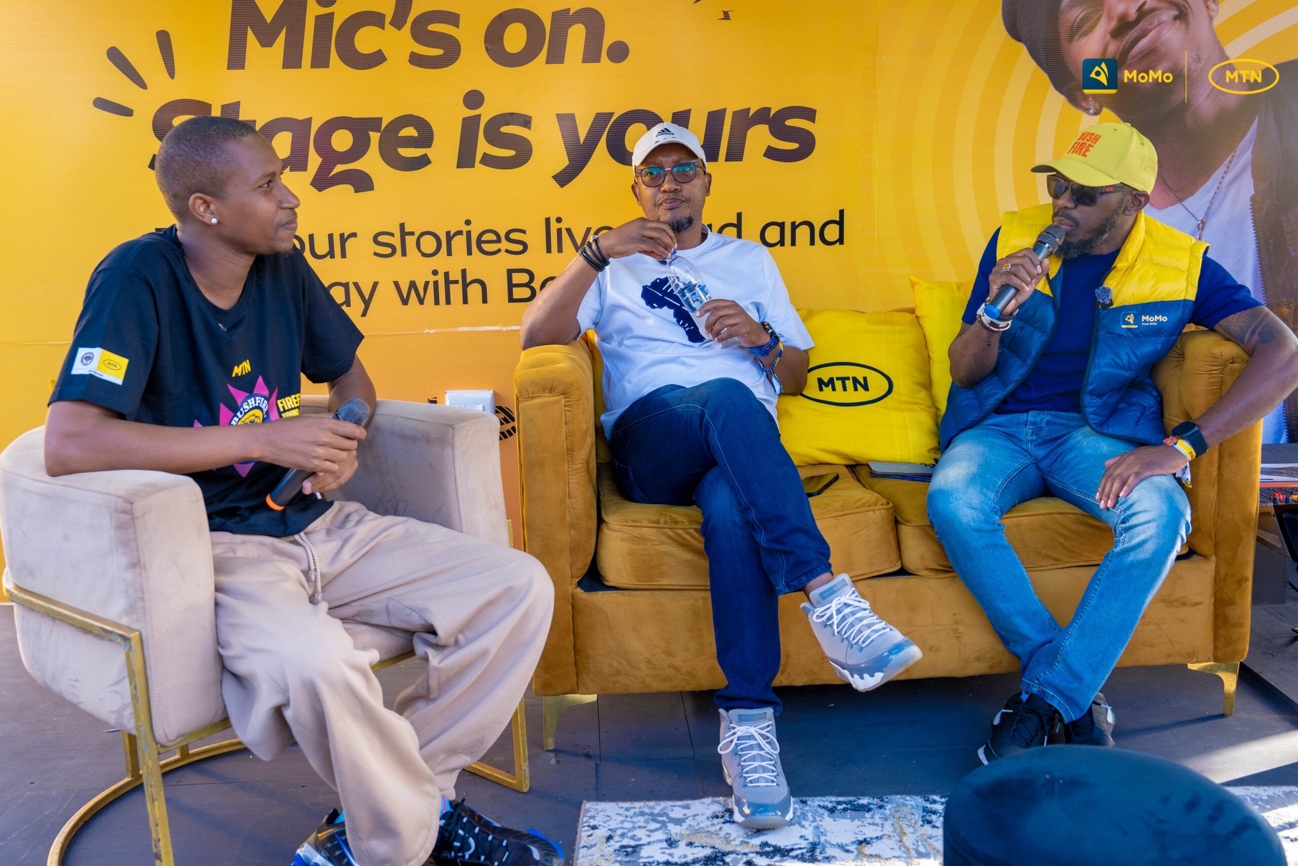 MTN Eswatini CEO Jerry Soko speaks during a CEO Chat with MTN Business Eswatini CEO Sam Shongwe at the MTN Pulse Stand during MTN Bushfire 2026.