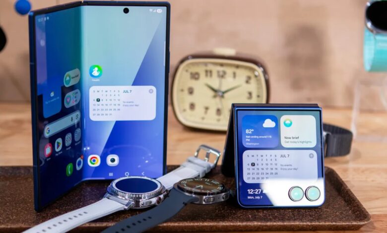 Samsung Galaxy foldable smartphones and Galaxy Watches displayed together ahead of the July 22 Galaxy Unpacked 2026 event.
