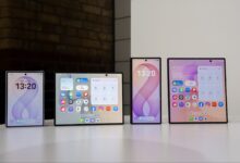 Samsung Galaxy Z Fold8 and Galaxy Z Fold8 Ultra displayed folded and unfolded beside each other at Galaxy Unpacked 2026.