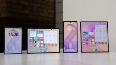 Samsung Galaxy Z Fold8 and Galaxy Z Fold8 Ultra displayed folded and unfolded beside each other at Galaxy Unpacked 2026.
