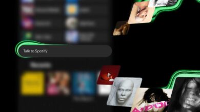 Spotify's Talk to Spotify conversational AI interface displayed on the mobile app with a text prompt and floating album artwork representing music discovery.