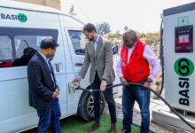 BasiGo and Rubis Energy Kenya demonstrate a public EV fast charger at the Sabaki charging station in Athi River.