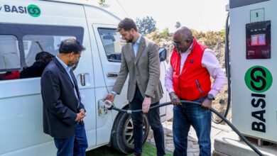 BasiGo and Rubis Energy Kenya demonstrate a public EV fast charger at the Sabaki charging station in Athi River.