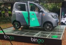 The Bingo E2 compact electric car displayed during its Kenya launch event ahead of its September debut for the ride-hailing market.