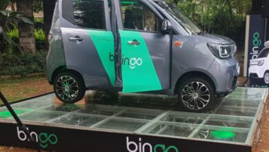The Bingo E2 compact electric car displayed during its Kenya launch event ahead of its September debut for the ride-hailing market.
