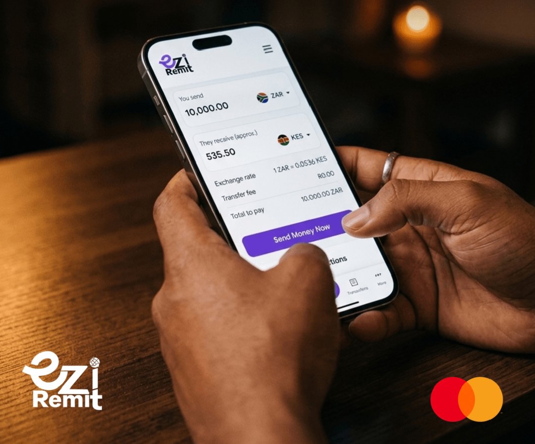 Smartphone displaying the eZi Remit app for a South Africa to Kenya money transfer powered by Mastercard Move.