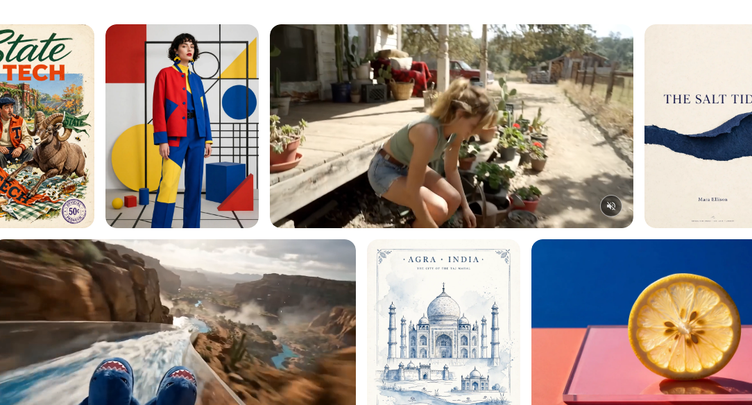 Gallery of AI-generated images created with Meta's Muse Image, showcasing photorealistic photography, illustrations, book covers and product visuals.