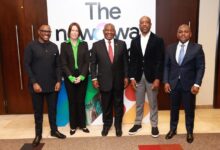 South African President Cyril Ramaphosa with Google executives James Manyika, Kabelo Makwane and Maureen Costello at the Google Cloud Summit in Johannesburg ahead of AI and cloud investment announcements across Africa.