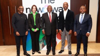 South African President Cyril Ramaphosa with Google executives James Manyika, Kabelo Makwane and Maureen Costello at the Google Cloud Summit in Johannesburg ahead of AI and cloud investment announcements across Africa.