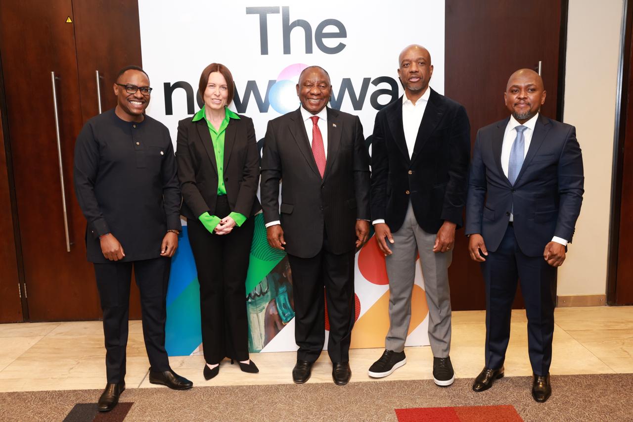 South African President Cyril Ramaphosa with Google executives James Manyika, Kabelo Makwane and Maureen Costello at the Google Cloud Summit in Johannesburg ahead of AI and cloud investment announcements across Africa.