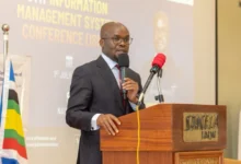 Interior Principal Secretary Dr. Raymond Omollo addresses delegates during the Sixth Annual Information Security Management Systems Conference in Naivasha.