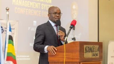 Interior Principal Secretary Dr. Raymond Omollo addresses delegates during the Sixth Annual Information Security Management Systems Conference in Naivasha.