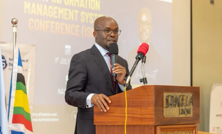 Interior Principal Secretary Dr. Raymond Omollo addresses delegates during the Sixth Annual Information Security Management Systems Conference in Naivasha.