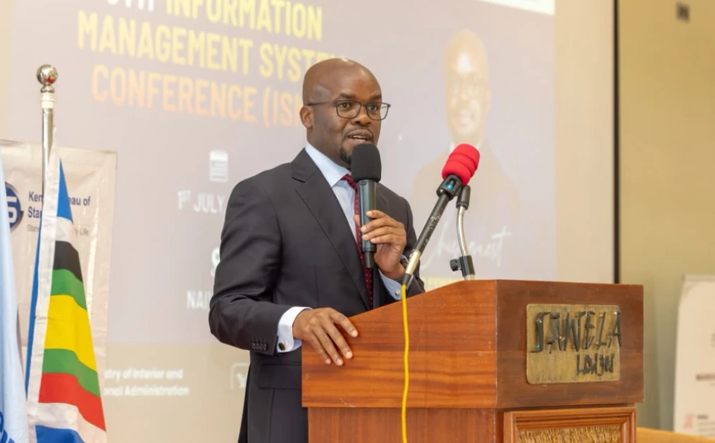 Interior Principal Secretary Dr. Raymond Omollo addresses delegates during the Sixth Annual Information Security Management Systems Conference in Naivasha.