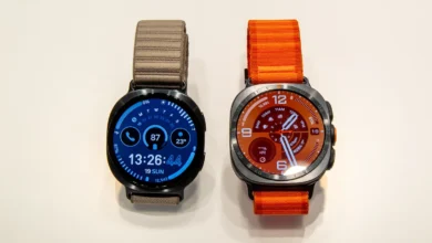Samsung Galaxy Watch 9 and Galaxy Watch Ultra 2 displayed side by side with their watch faces turned on.