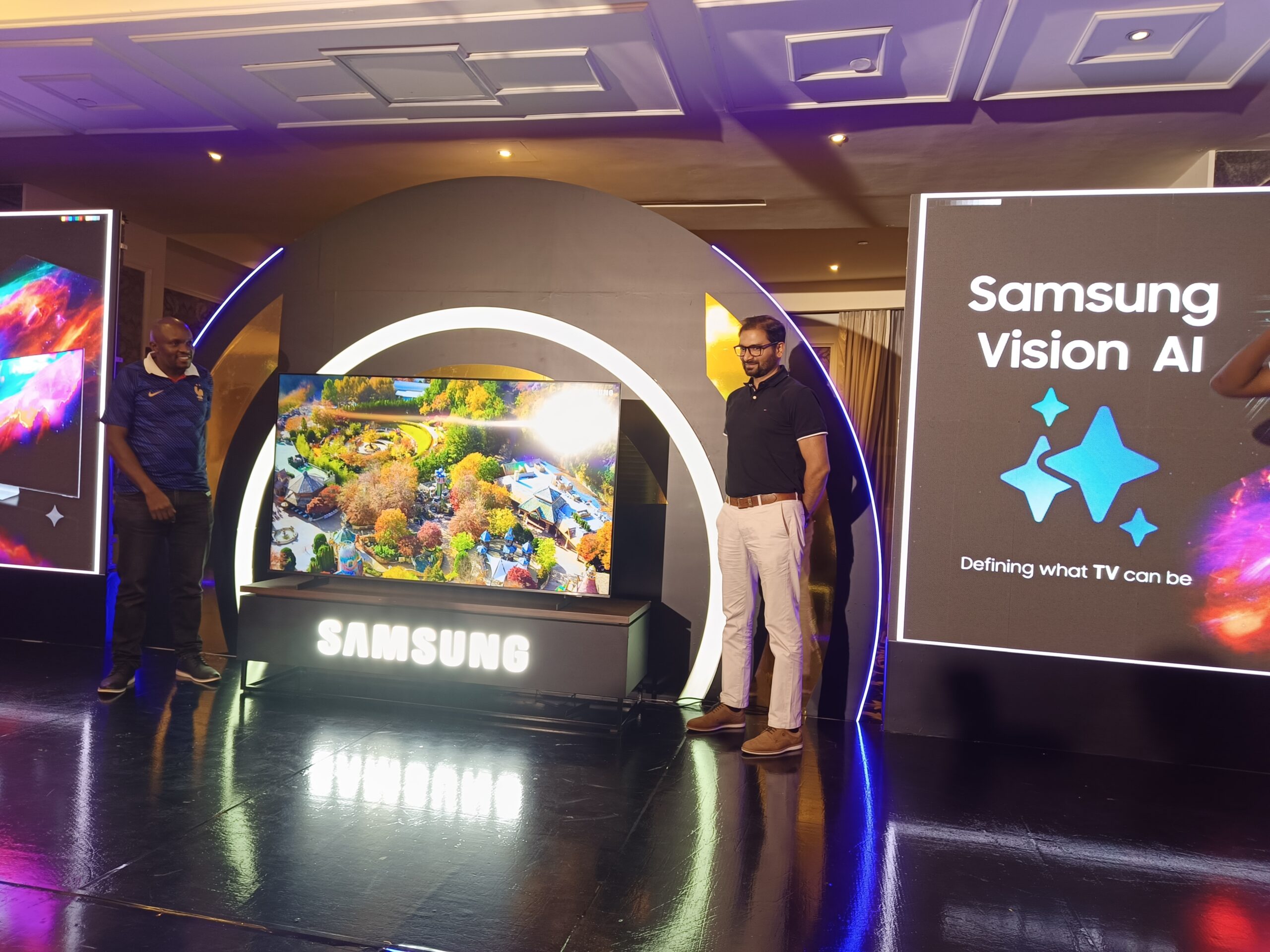 Samuel Odhiambo, Head of Consumer Electronics Business at Samsung Kenya, and Manish Jangra, Head of MX Division at Samsung East Africa, unveil Samsung's 2026 Vision AI television lineup during a launch event in Nairobi.