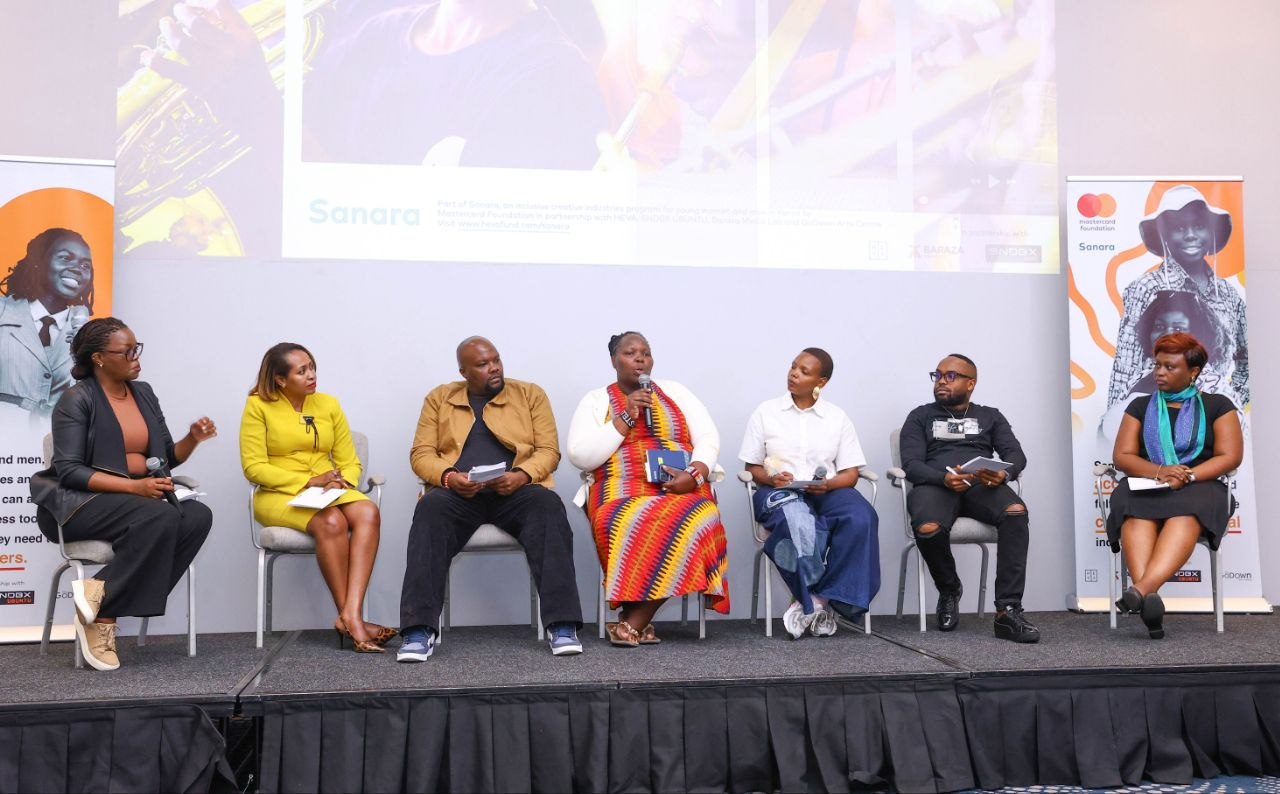Panelists, including representatives from HEVA Fund, Nairobi County and Kenya's creative industry, speak during the Sanara Insights Forum in Nairobi.