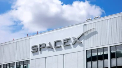 Exterior of a SpaceX office building with the company's logo displayed on the facade following the launch of the new SpaceXAI brand.