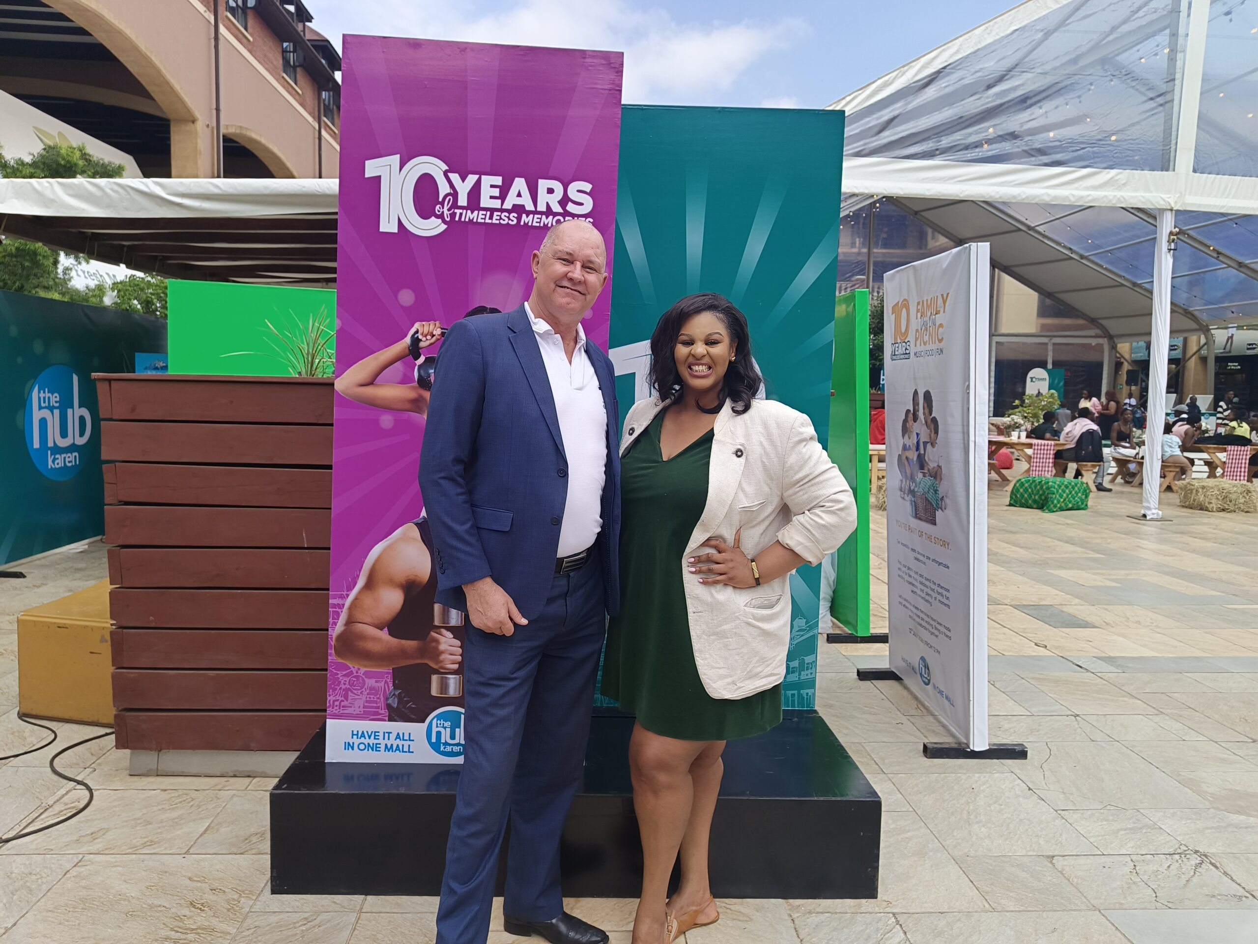 The Hub Karen Mall Manager Jacobus Visser and Head of Customer Experience Keijah Bekah at the mall's 10th anniversary event in Nairobi.