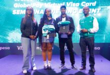 Visa and Safaricom representatives pose with winners at the Game Iko On event promoting the M-Pesa GlobalPay Virtual Visa Card.