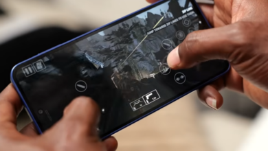 Samsung Galaxy A27 5G being used for mobile gaming in landscape mode