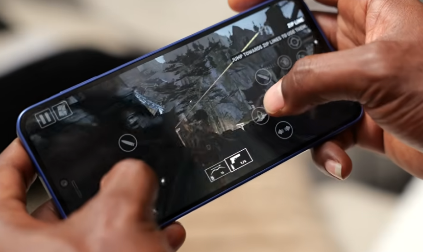 Samsung Galaxy A27 5G being used for mobile gaming in landscape mode