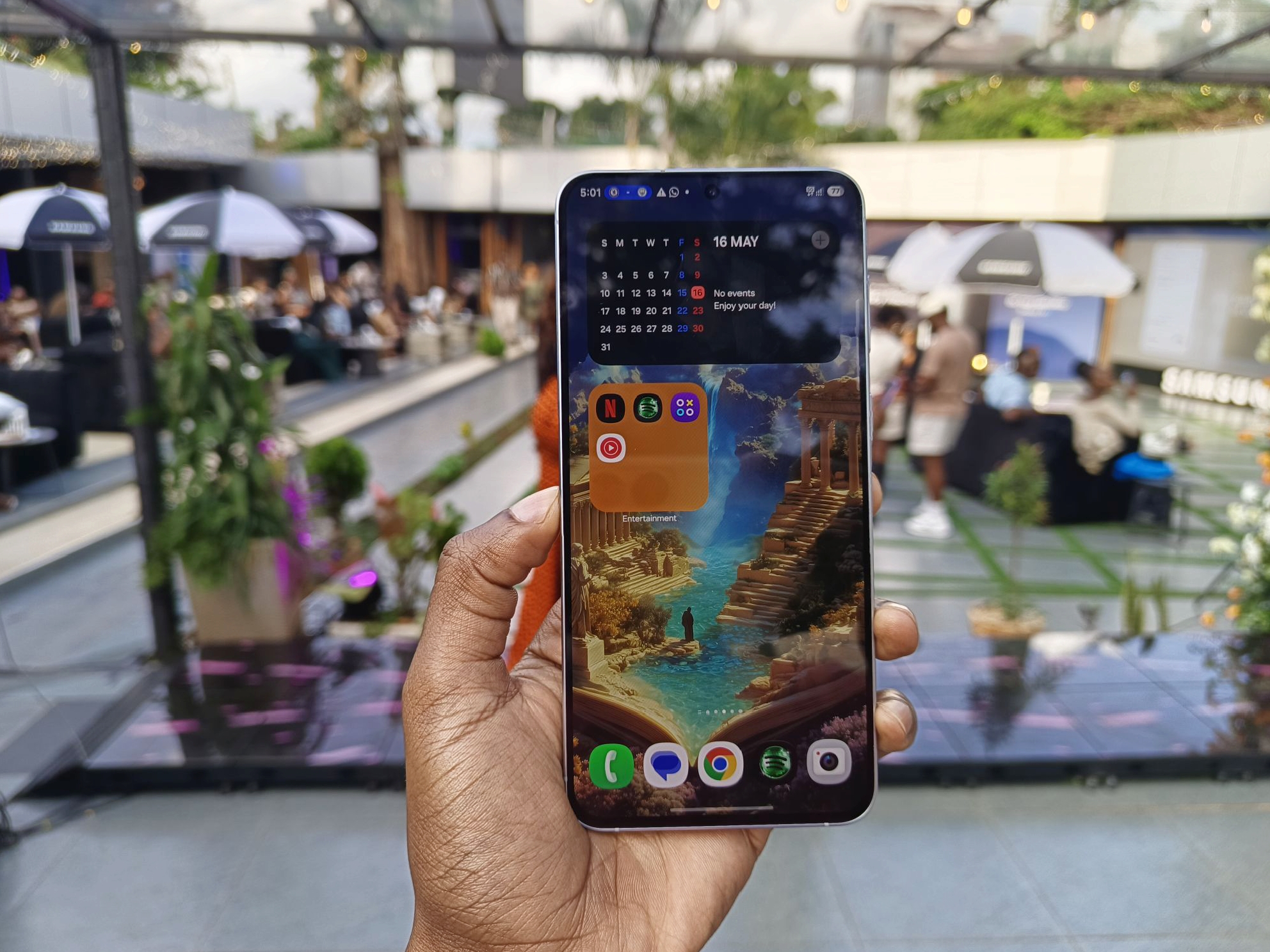 Samsung Galaxy A27 5G smartphone with AI features displayed on screen